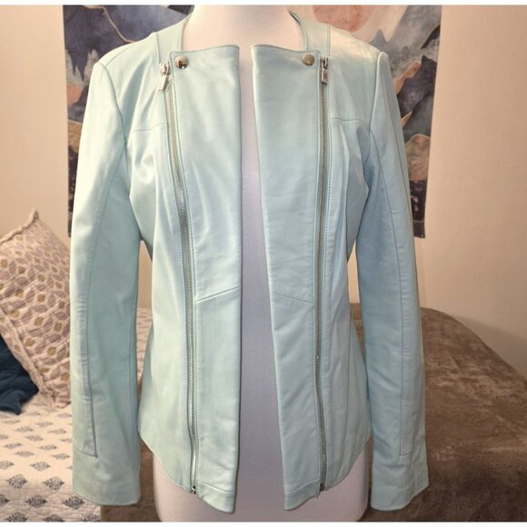 Neiman Marcus Exclusive Women’s Genuine Leather Jacket Large Aqua Mint Turquoise - Picture 2 of 16